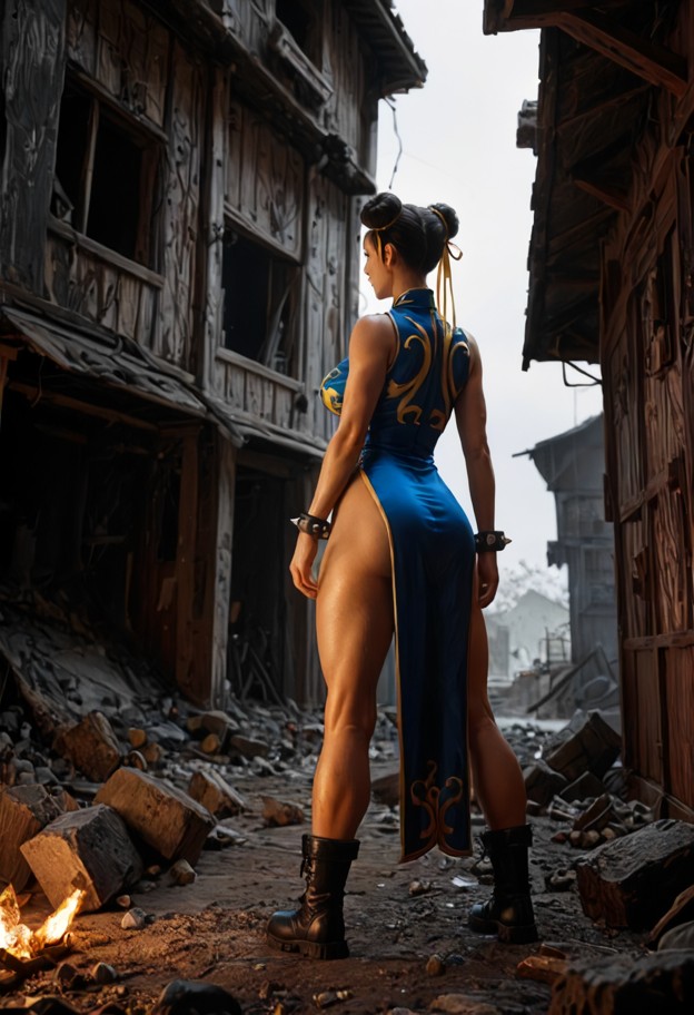 xun-li leans her torso backward,blue silk qipao,gold embroidery,white combat boots,dark fabric wristbands,dim basemen…