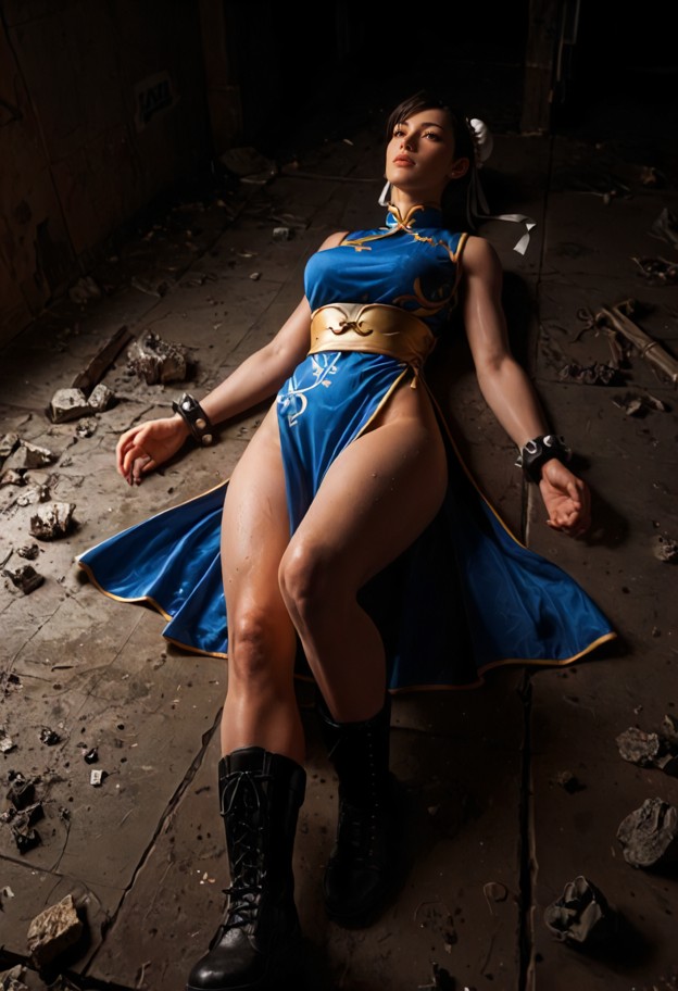 xun-li lies on the concrete floor,unconscious,blue silk qipao,gold embroidery,white combat boots,dark fabric wristban…