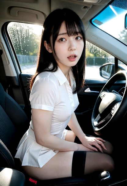 Location: inside a car parked in the bright morning light at a school drop-off zone, with sunlight glinting off the w…