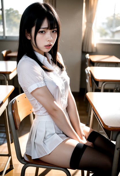 Location: inside a sunlit classroom with rows of wooden desks and soft morning light streaming through large windows,…