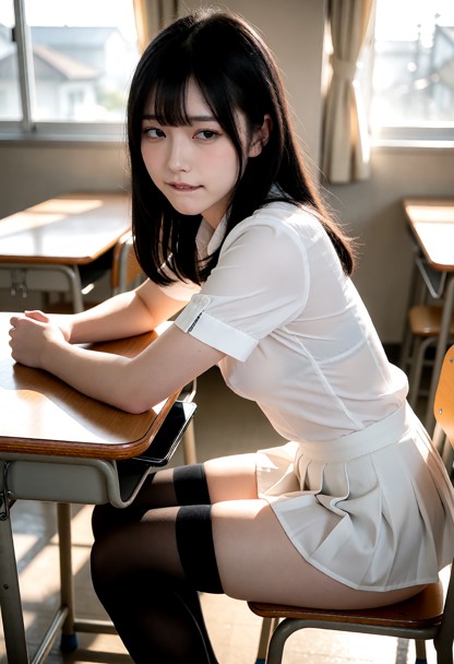 Location: inside a sunlit classroom with rows of wooden desks and soft morning light streaming through large windows,…