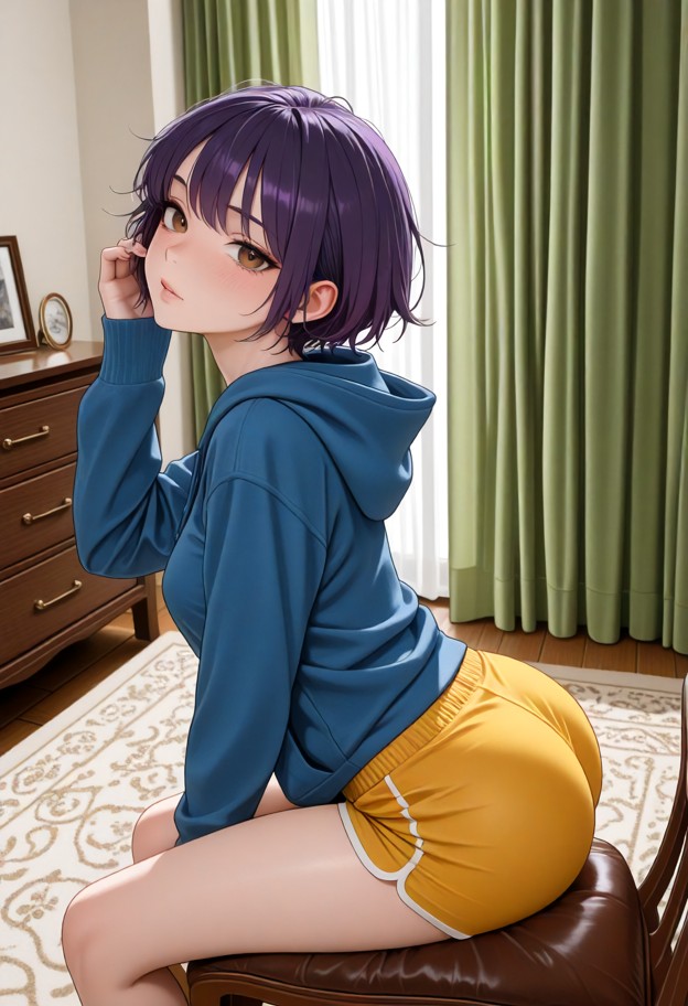 she is sitting on a chair leaning forward and touching hair,blue hoodie,yellow shorts,bedroom,white walls,green curta…
