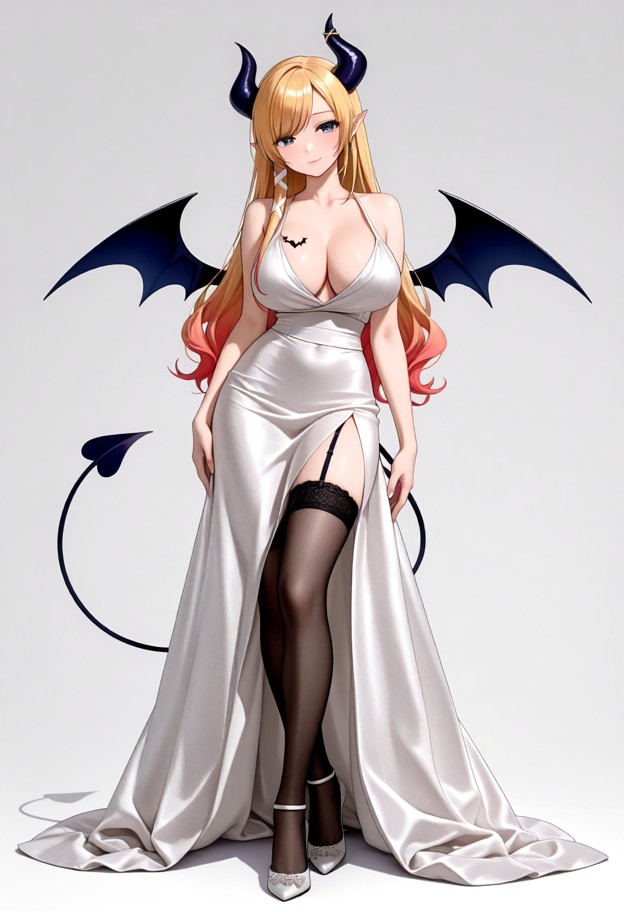 she is wearing an evening dress,slit dress,stockings,stiletto heels,elegant ballroom,full body,soft lighting
