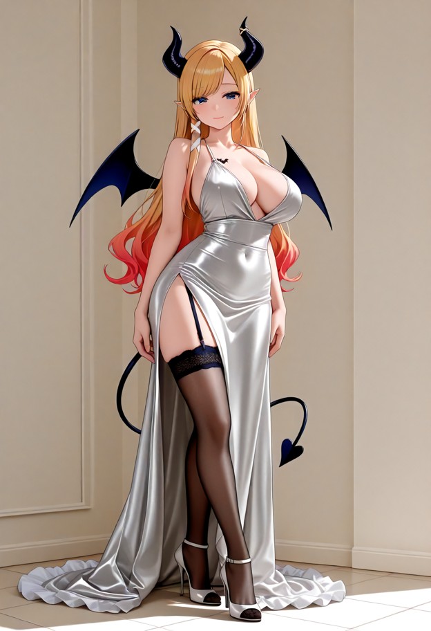 a she is stands elegantly in an evening dress,wearing stockings and stiletto heels,solo,evening dress,slit dress,stoc…