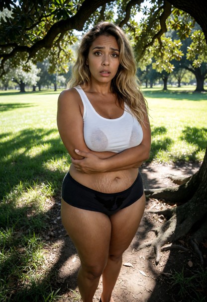 Location: bright afternoon in a lush green park where dappled sunlight filters through the dense canopy of a large oa…