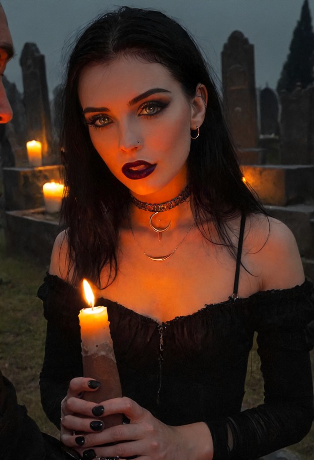 brume,nuit,lune,jambieres,gants,cuir,gothiquee,brouillard,graveyard,tombstones,candlelight,flickering glow,warm color…