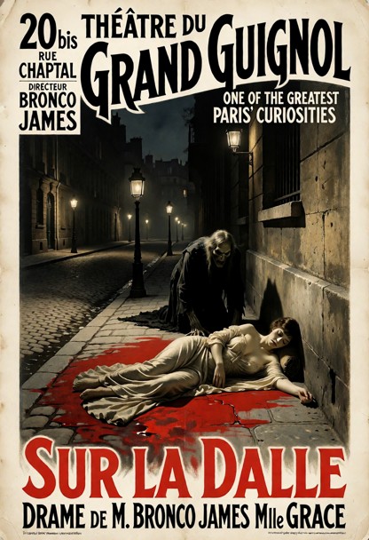 Authentic 1920s Paris Grand Guignol theater poster, original lithographic print style, vintage French horror advertis…