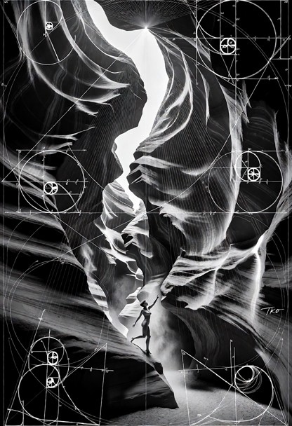 A monumental fictional slot canyon inspired by Upper Antelope Canyon rendered as a Renaissance mathematical field stu…