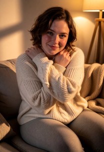 video showing a woman giving herself a quick hug, before reaching down and pulling her sweater up to reveal her large…