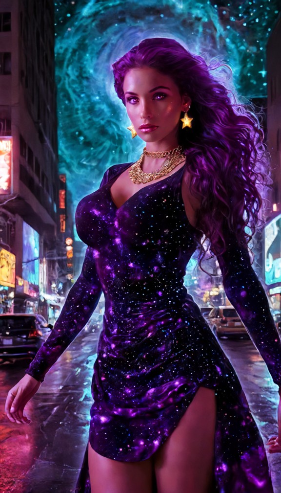 /imagine prompt: alyssa,a cosmic entity with stardust in her hair and nebulae swirling in her eyes,stands on a neon-l…