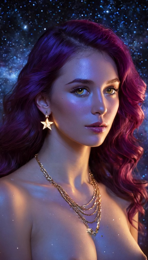 /imagine prompt: close-up portrait of alyssa,her skin shimmering with faint constellations,a single tear of starlight…