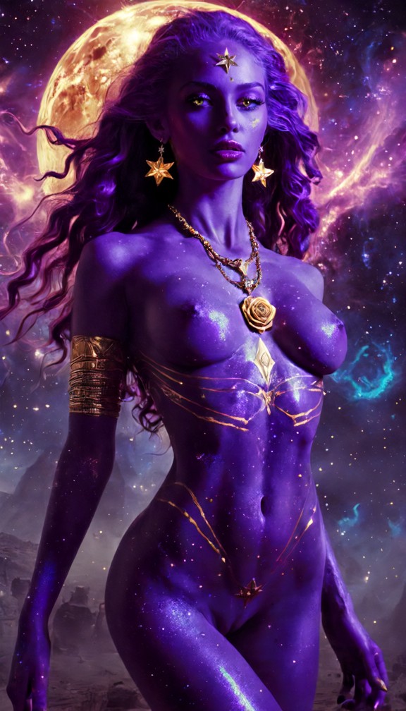 “alyssa before the explosion – translucent,bioluminescent alien woman with star‑filled skin,floating in a nebula of v…