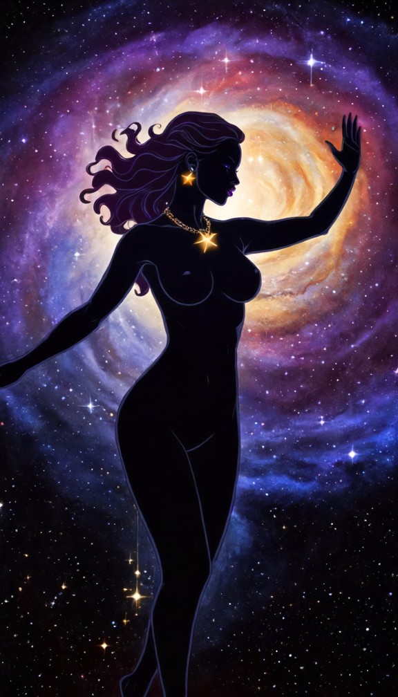 /imagine prompt: an artistic depiction of alyssa's essence: a silhouette of a woman formed from swirling galaxies and…
