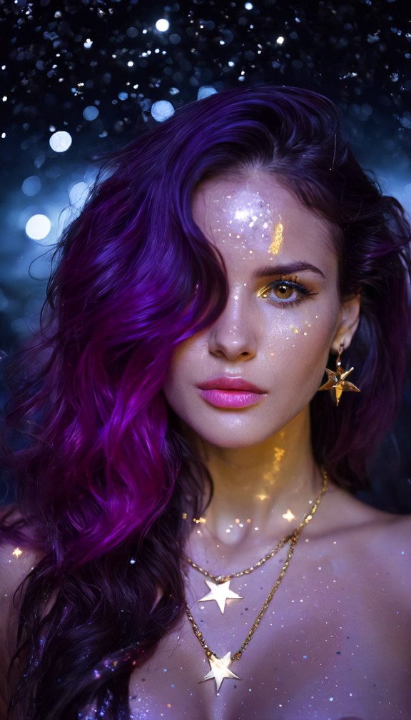 “close‑up portrait of alyssa,human face with cosmic cracks revealing liquid light underneath,tears of starlight runni…