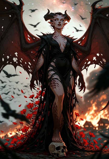Wide shot, full body view. A grainy, vintage 1970s dark fantasy film still of Lilith, standing with absolute pride an…