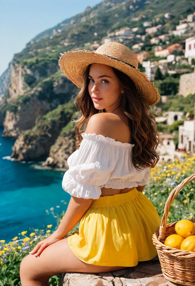 a beautiful young woman with brown wavy hair wearing a straw hat and a white off-shoulder puff-sleeve top,sitting on …