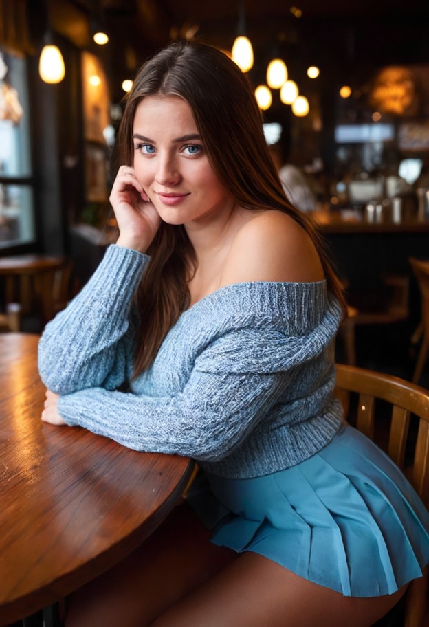a photo of a beautiful young woman sitting at a table in a dimly lit cafe,warm ambient lighting,she is wearing an off…