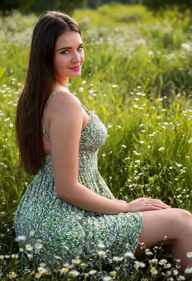 a beautiful young woman with long,straight brown hair and a gentle smile,sitting gracefully in a lush green meadow fi…