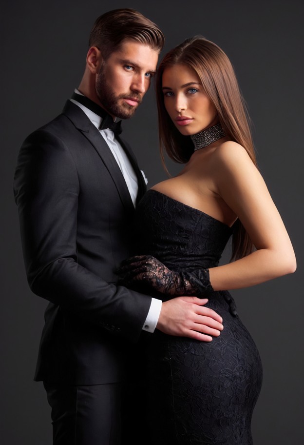 a professional studio portrait of a sophisticated couple in an intimate pose. a man with shoulder-length light brown …