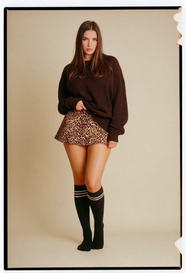 full-body studio portrait of a young woman with platinum brown hair,wearing a dark brown oversized sweater and a shor…