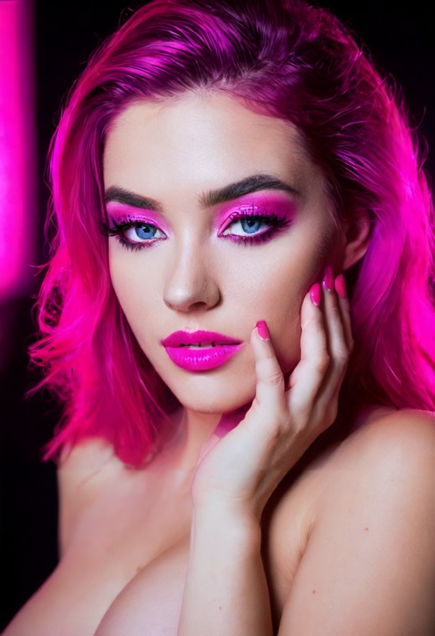 a stunning portrait of a beautiful woman with vibrant hot pink hair,wearing a monochromatic makeup look featuring bol…