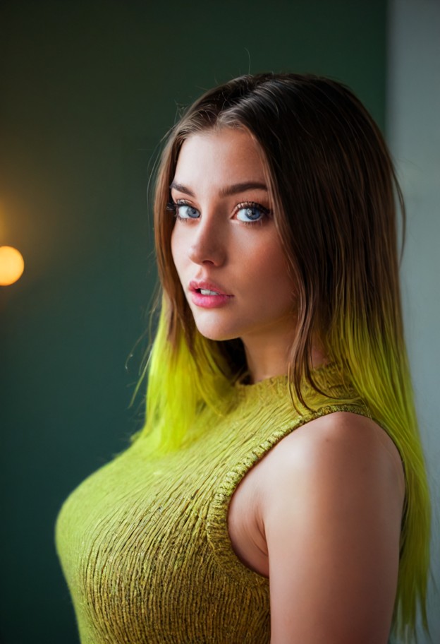 a high-quality portrait of a young woman with a striking,multi-tonal bright lime and neon green hairstyle. her long,s…