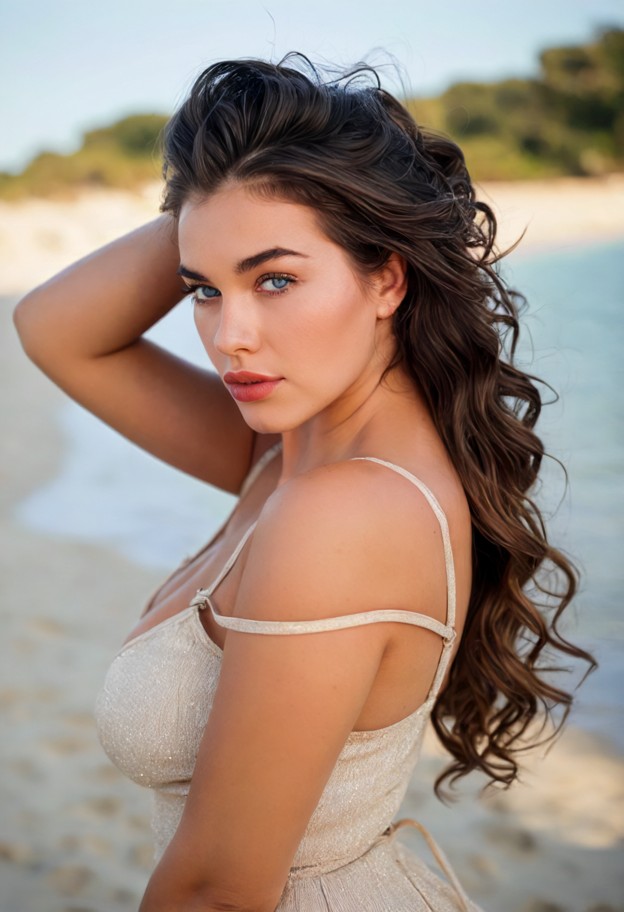 a high-quality portrait of a beautiful woman with long,dark wavy hair,captured in a sensual pose. she is wearing a be…