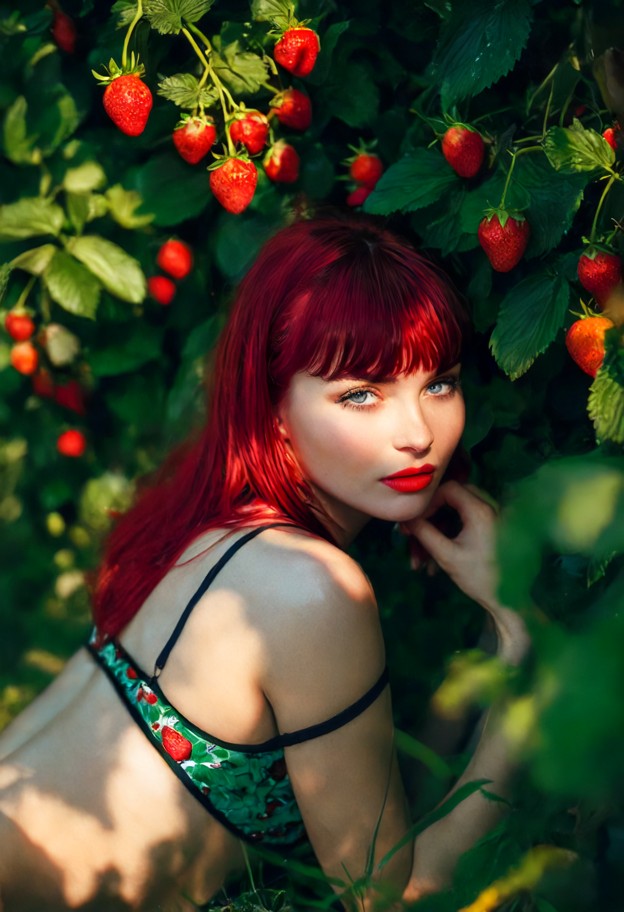 a stunning,high-fashion portrait of a young woman with a delicate face,porcelain skin,and vibrant red hair styled wit…