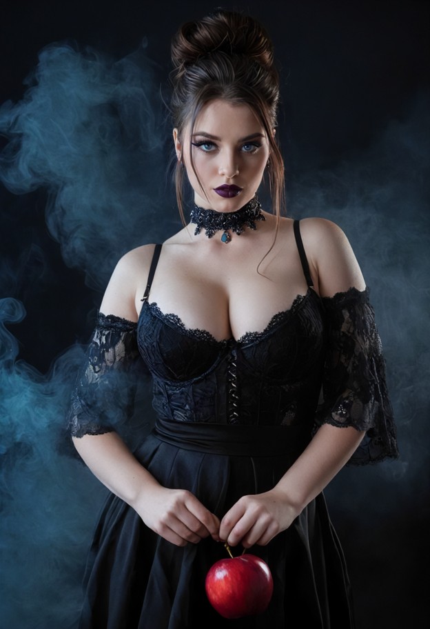 a high-quality portrait of a seductive gothic woman with fair skin,piercing intense gaze,dark eyeshadow,and deep dark…