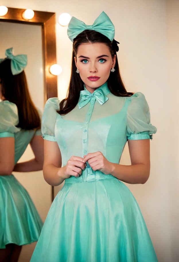 a studio portrait of a woman with a vintage,retro-inspired aesthetic. she has dark,styled hair adorned with a matchin…
