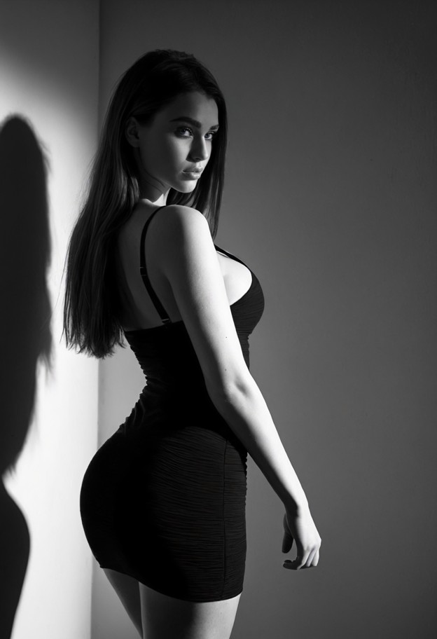 a black and white photograph of a woman wearing a form-fitting black dress. the dress has thin straps and a low neckl…