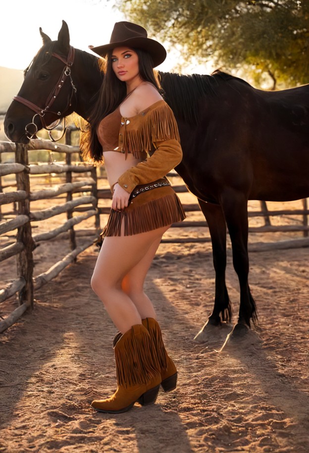 a stunning cowgirl with long dark hair,wearing a brown suede fringed jacket and a matching short skirt,posing playful…