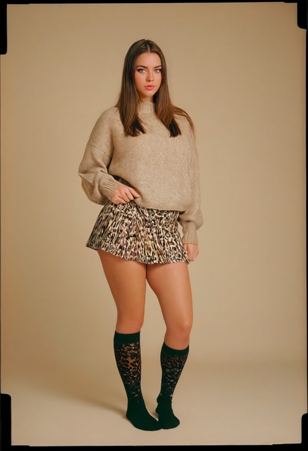 full-body studio portrait of a young woman with platinum brown hair,wearing a dark brown oversized sweater and a shor…