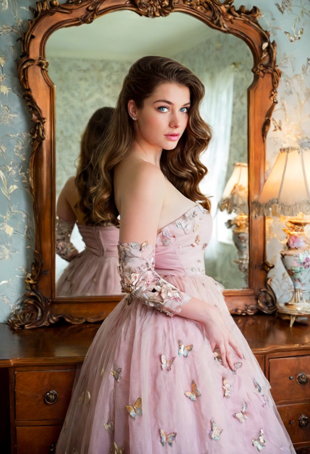 a young woman with wavy long brown hair,wearing a strapless pale pink dress adorned with numerous delicate butterfly-…