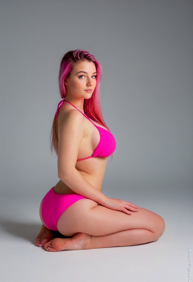 a high-quality studio portrait of a young woman with long,straight pastel pink hair,centered composition,wearing a vi…