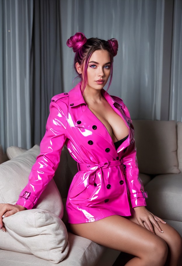 a portrait of a woman with vibrant,multi-colored pastel hair styled in double space buns. she is wearing a striking,l…