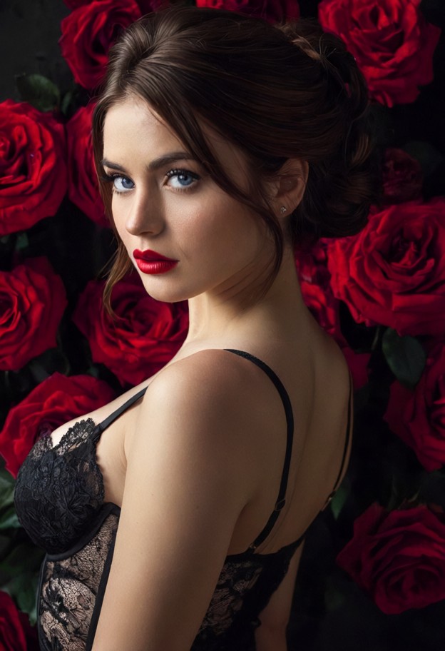 a portrait of a woman styled with dark hair featuring vibrant red highlights,fashioned into a sophisticated updo with…