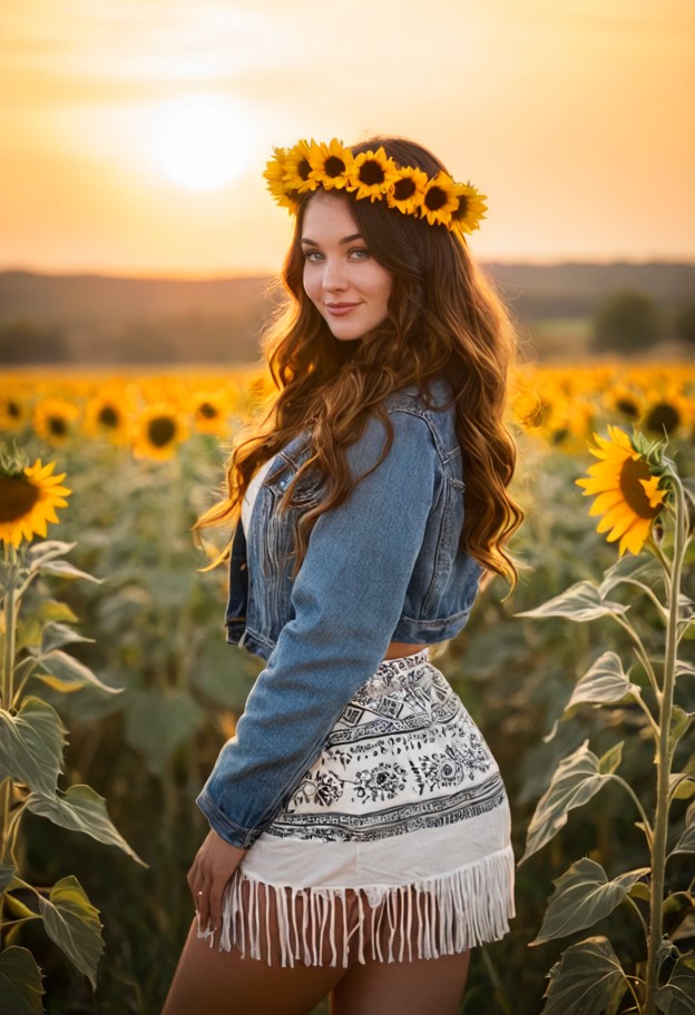 a beautiful young woman standing in a golden-hour field,wearing a flower crown of yellow sunflowers,long flowing wavy…