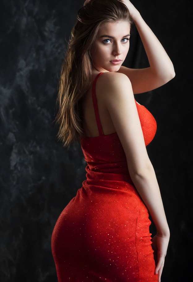a stunning young woman with long,flowing brown hair,captured in a mid-shot portrait against a dark,moody background. …