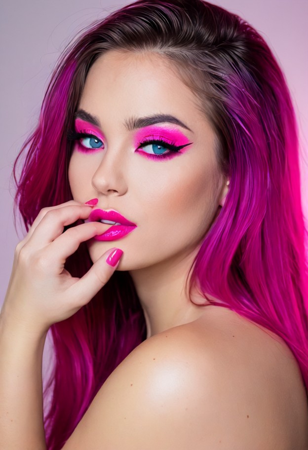 a stunning portrait of a beautiful woman with vibrant hot pink hair,wearing a monochromatic makeup look featuring bol…