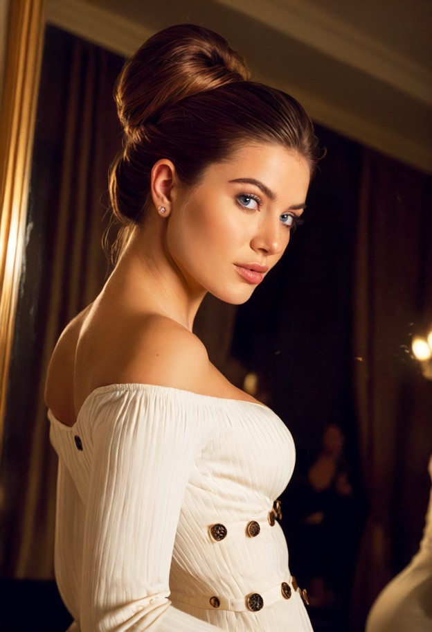 a high-quality,professional studio portrait of a glamorous brunette woman with an elegant updo hairstyle,wearing a fo…