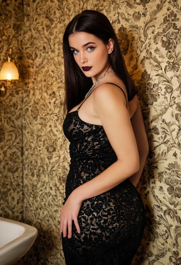a beautiful young woman posing in a vintage-style bathroom,wearing a sheer,form-fitting black bodycon maxi dress,spag…