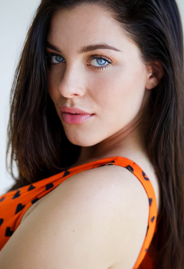 a portrait of a young woman with long,straight black hair,wearing a form-fitting,orange-red dress with a dark heart-s…