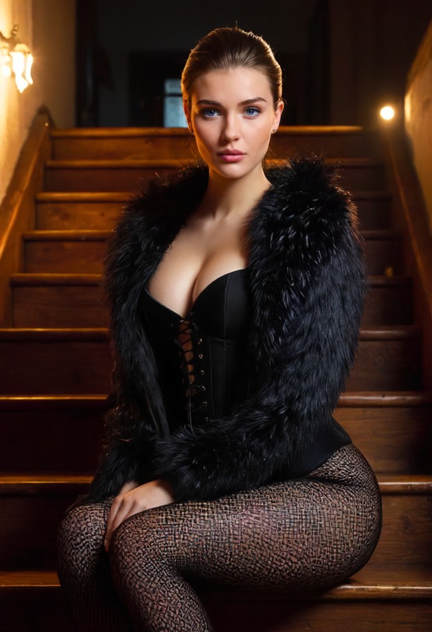 a stunning young woman sitting elegantly on a wooden staircase,posing for a high-fashion portrait. she is wearing a c…
