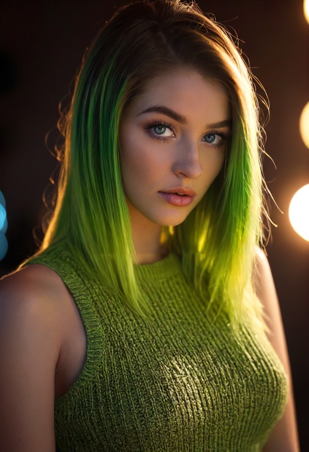 a high-quality portrait of a young woman with a striking,multi-tonal bright lime and neon green hairstyle. her long,s…