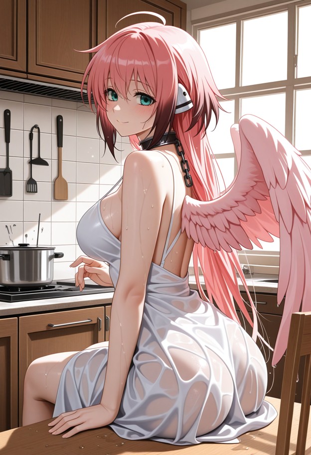 she is sitting on a wooden chair at the kitchen table tapping her fingers on the tabletop and looking at viewer,white…