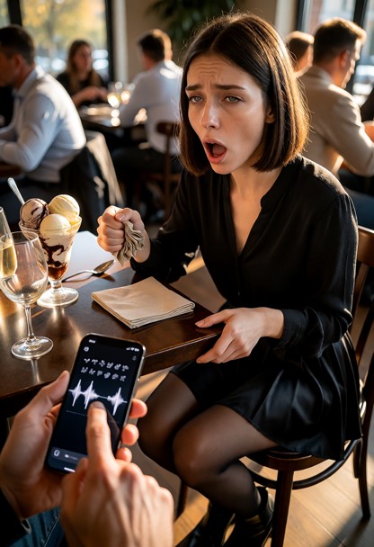 In a restaurant. A man's point-of-view shot. In the foreground, a man's hand is visible holding an iPhone; the screen…