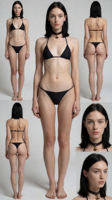 Skin must be clean and flawless: no tattoos, no scars, no marks, no blemishes. Wearing a minimal bikini black, perfec…