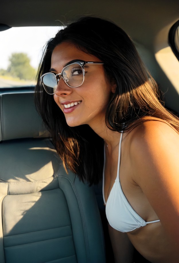 she is,leaning forward,biting lip,provocative gaze,tiny white string bikini,interior of vintage silver porsche 911,pa…