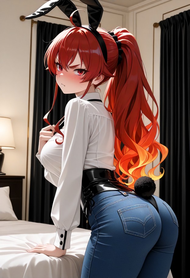 she is is leaning forward holding a black satin bunny suit against her chest,white silk blouse,blue denim jeans,bedro…